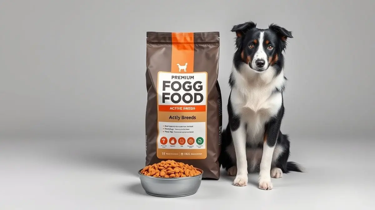 Melhor ração para Border Collie em 2025: um cão da raça Border Collie ao lado de um saco de ração premium e um pote com grãos de ração.