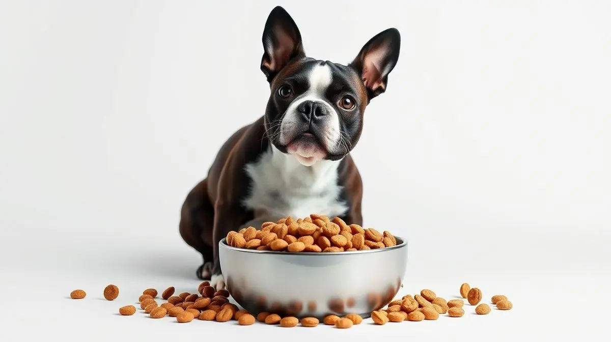 Um cão da raça Boston Terrier ao lado de uma tigela com a melhor ração, representando a escolha ideal de alimento para cães de pequeno porte.