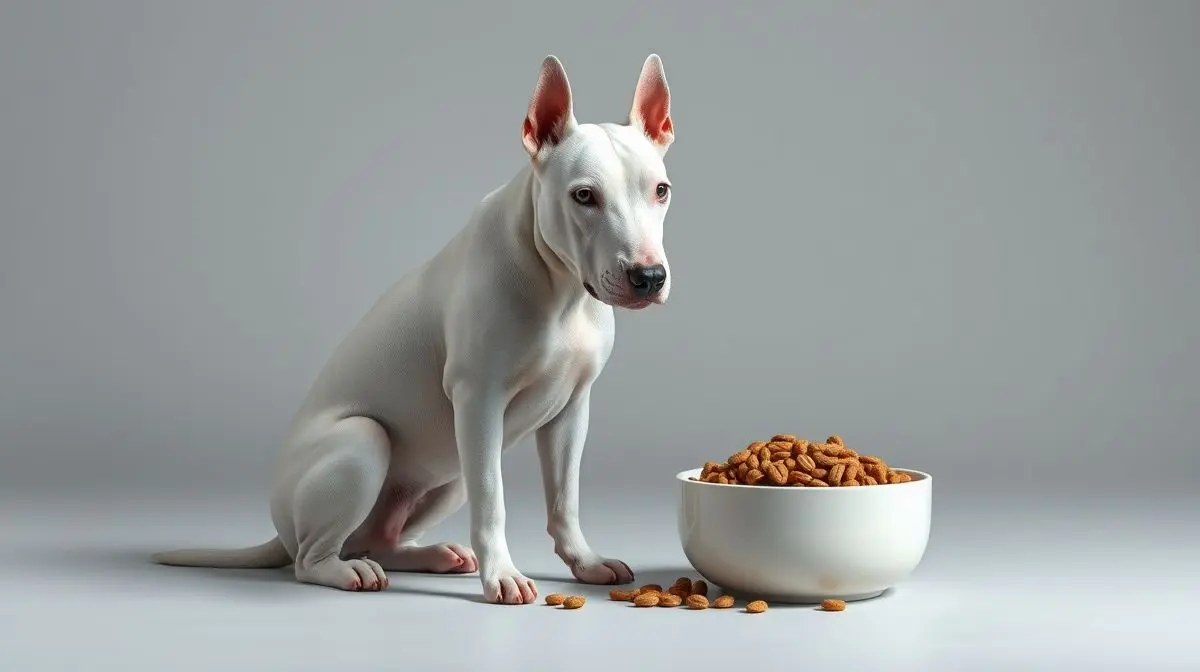 Um cão Bull Terrier branco e saudável ao lado de uma tigela com a melhor ração para a raça, ilustrando a escolha da alimentação ideal para seu pet em 2025.