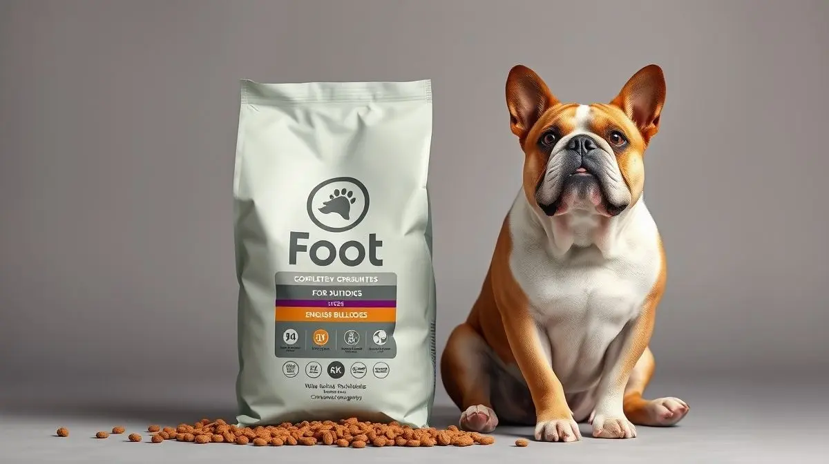Um Bulldog Inglês saudável ao lado de um saco de ração premium, representando a melhor ração para a raça, com foco nos grãos de ração.