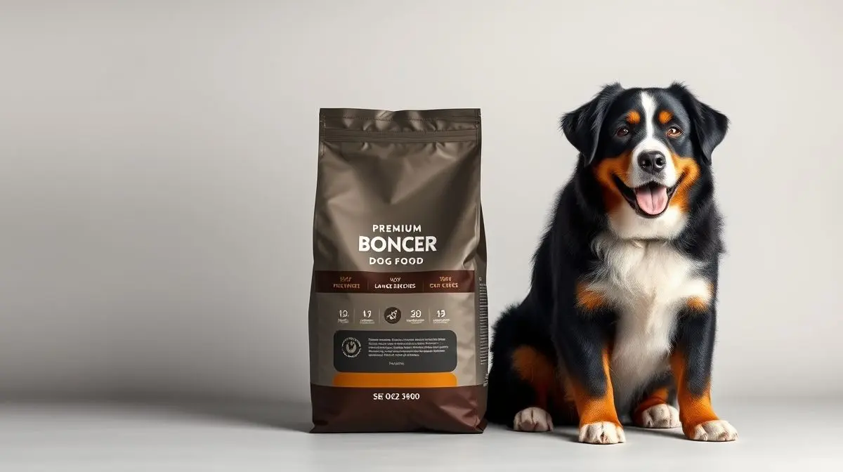 Um majestoso cão da raça Bernese sentado ao lado de um saco de ração premium, representando a melhor ração para Bernese em uma análise completa.