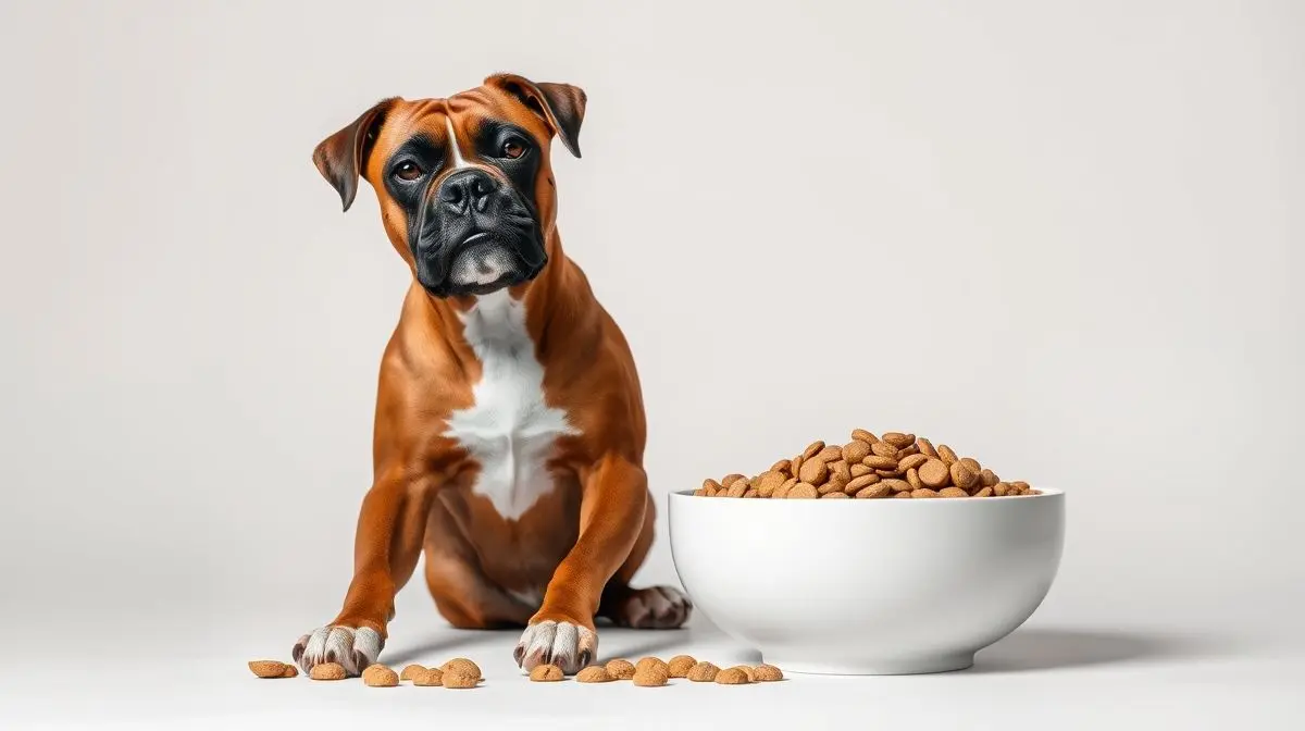 Um cachorro da raça Boxer, forte e saudável, ao lado de uma tigela com a melhor ração para suas necessidades nutricionais específicas.