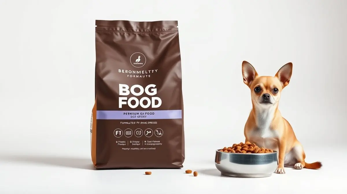 Um adorável cão Chihuahua ao lado de uma tigela com ração de alta qualidade e um saco de embalagem premium, representando a melhor ração para a raça.
