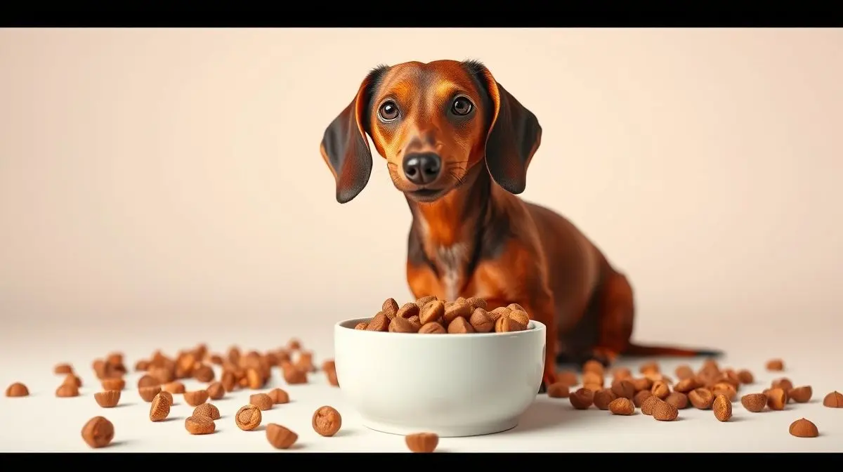 Um lindo cachorro da raça Dachshund ao lado de uma tigela com a melhor ração para sua dieta, mostrando a importância da alimentação correta.