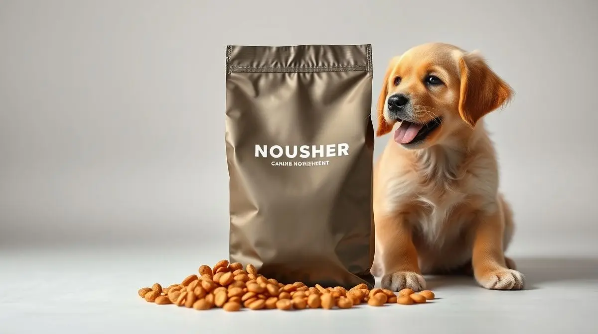 Saco de ração para cachorro filhote de alta qualidade ao lado de grãos nutritivos, com um filhote de golden retriever feliz ao fundo, em um cenário de estúdio.