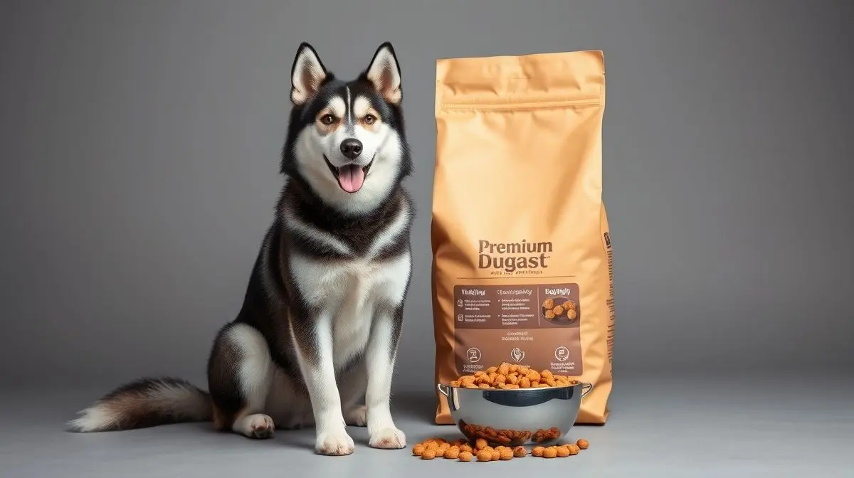 Um cão Husky Siberiano majestoso ao lado de um saco de ração premium e uma tigela cheia, representando a melhor ração para Husky em 2025.