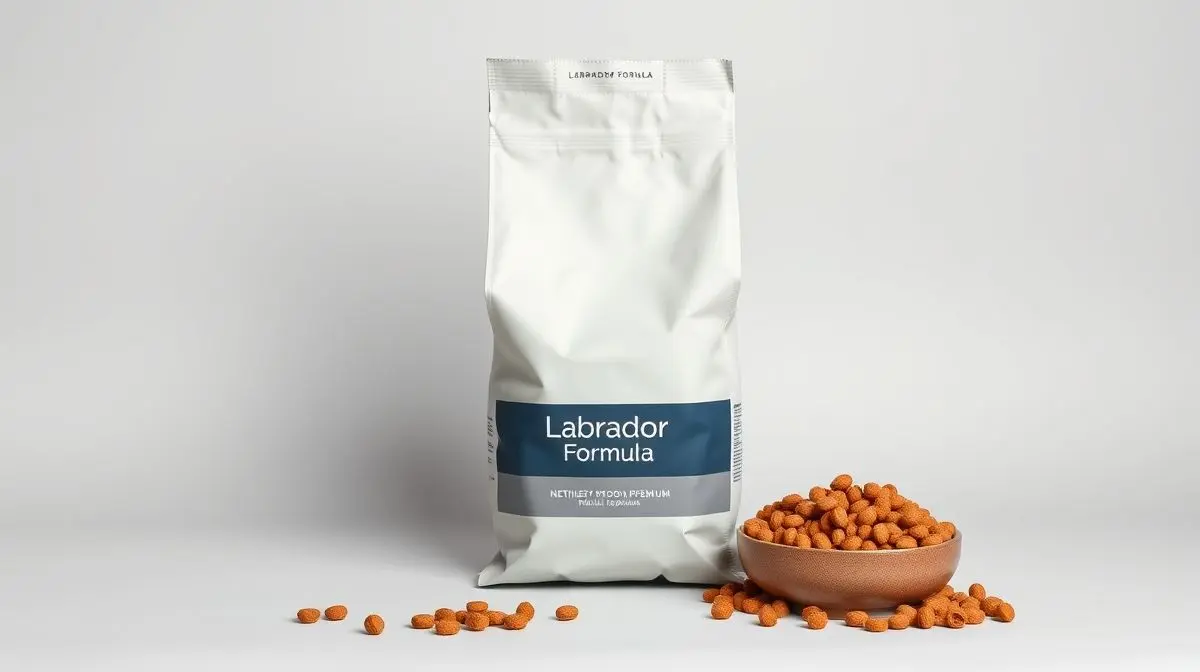 Um saco de ração premium sem marca e uma tigela com ração de alta qualidade para um cão Labrador, representando a melhor alimentação para a raça.