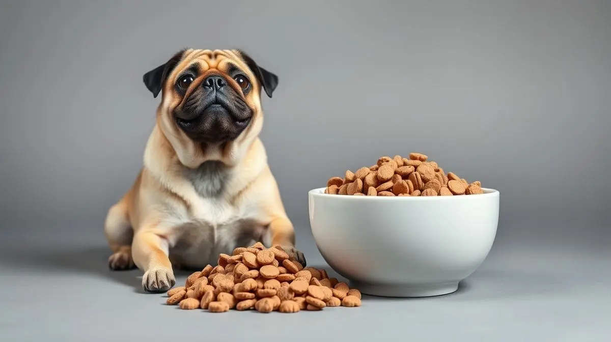 Um pug saudável e feliz sentado ao lado de uma tigela com ração específica para a raça, ilustrando a melhor escolha de alimento para cães pug.