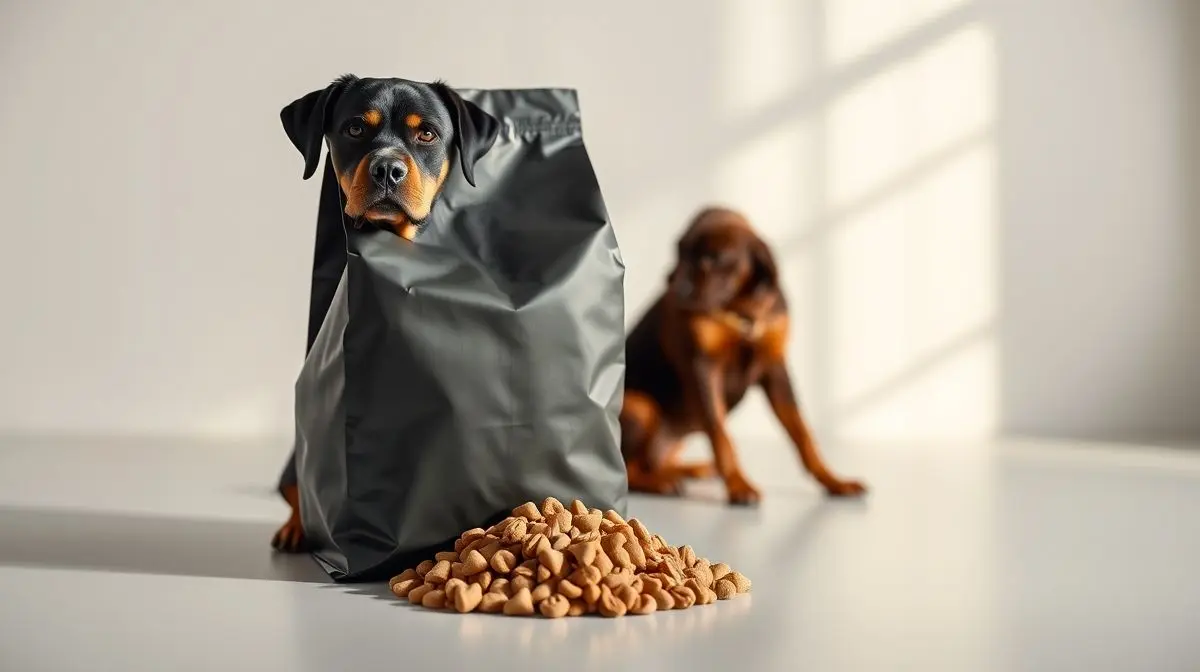 Saco de ração para cães de raças grandes em destaque, com um majestoso cachorro Rottweiler ao fundo, ilustrando a melhor ração para Rottweiler.