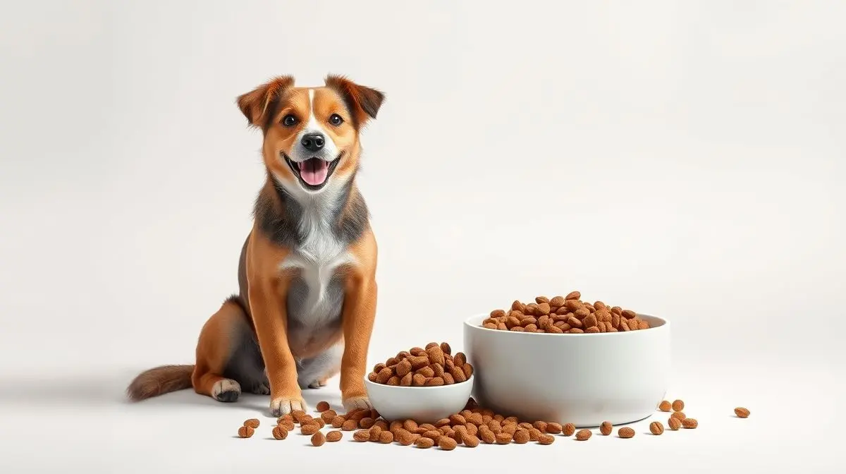 Um lindo cão vira-lata de porte médio ao lado de uma tigela com a melhor ração para sua saúde e bem-estar, em fundo de estúdio profissional.