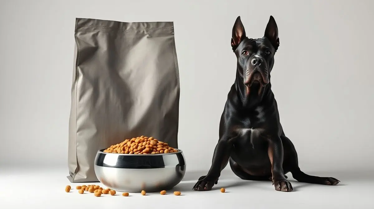 Um majestoso cão Cane Corso ao lado de um saco de ração premium e uma tigela cheia, ilustrando a melhor ração para a raça em um guia de compras.