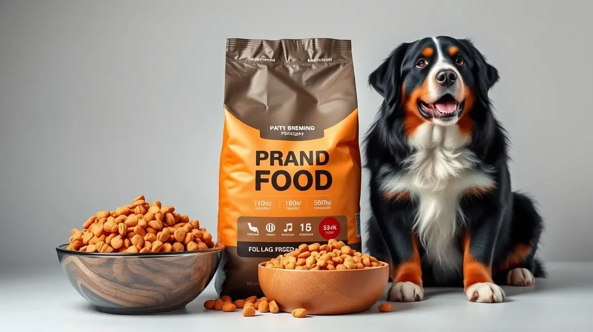 Um cão da raça Bernese ao lado de um saco de ração de alta qualidade, representando a escolha da melhor ração para cães de grande porte.