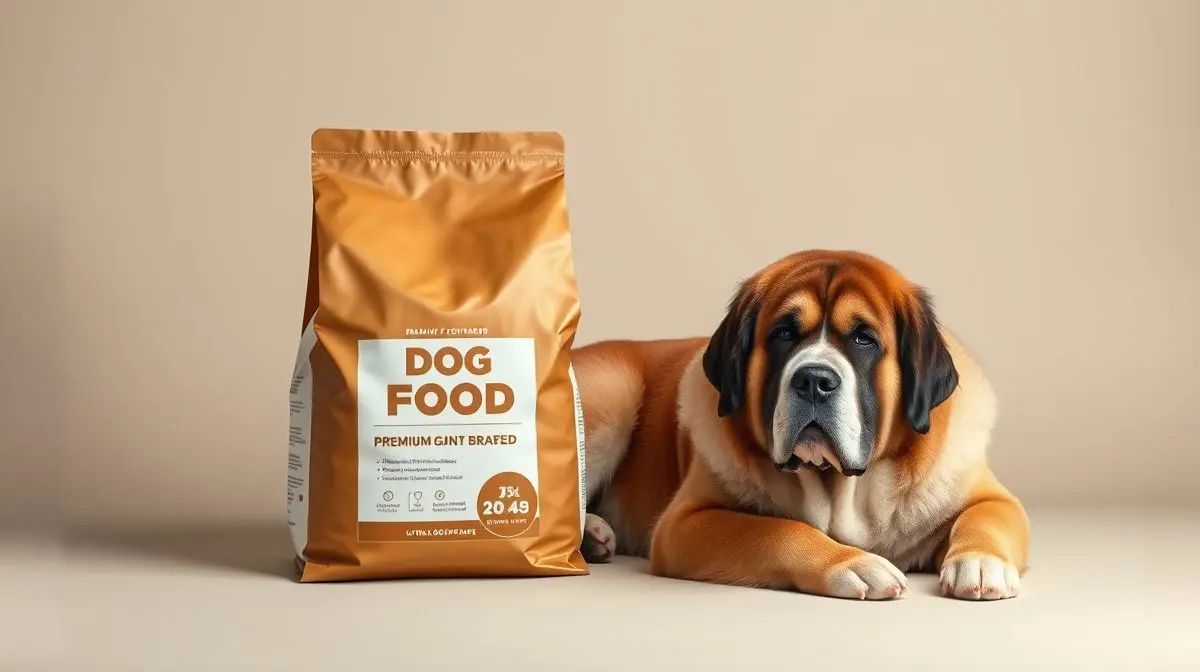 Um cão São Bernardo majestoso sentado ao lado de um grande saco de ração de alta qualidade, representando a melhor alimentação para a raça.