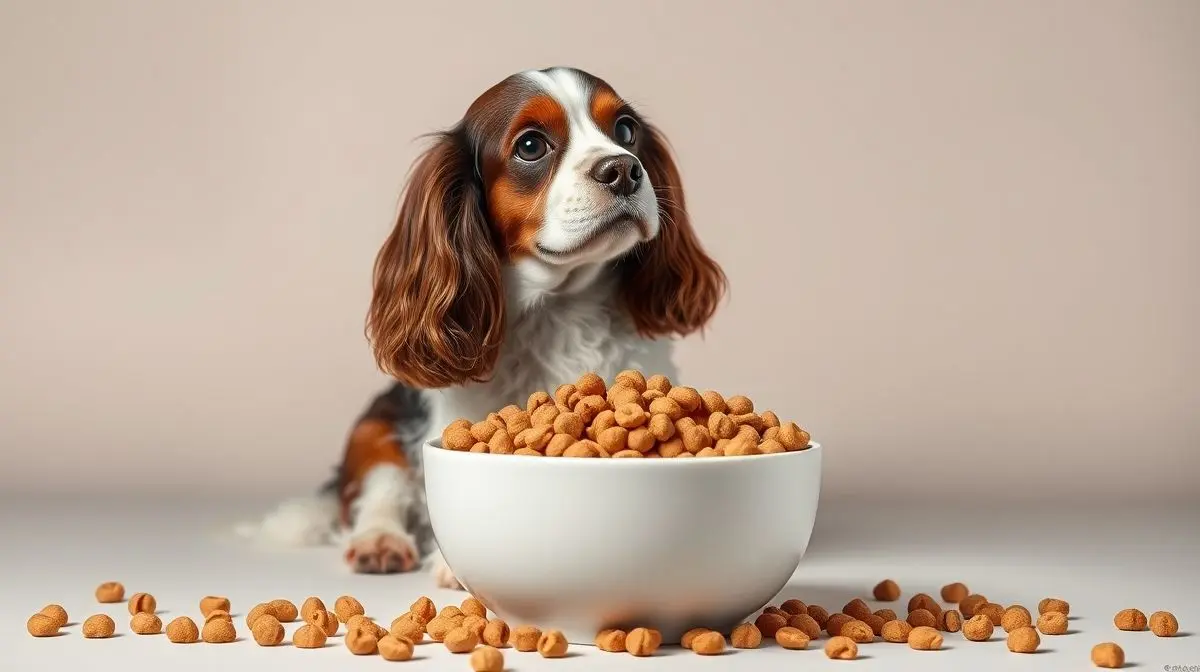 Um lindo cão da raça Cocker Spaniel Inglês sentado ao lado de uma tigela com a melhor ração para sua dieta, olhando atentamente para o alimento.