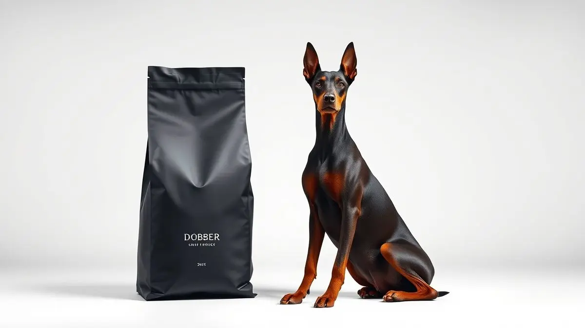 Um Doberman adulto, forte e saudável, ao lado de um grande saco de ração premium, representando a melhor nutrição para a raça Doberman em 2025.