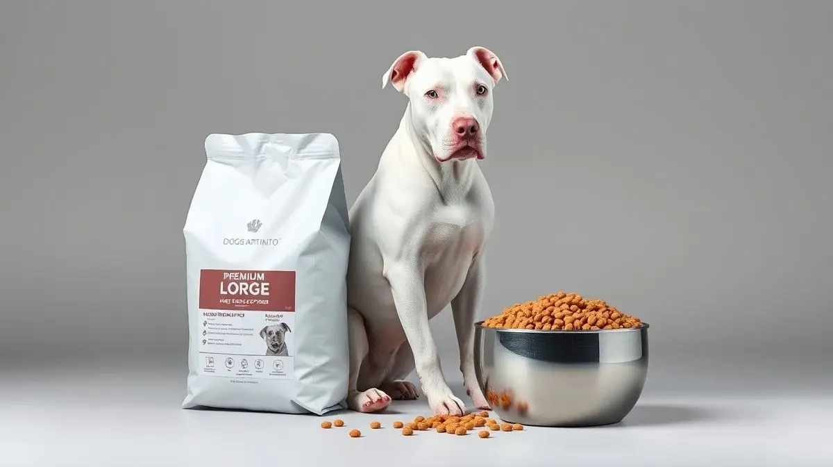 Um imponente Dogo Argentino branco ao lado de um saco de ração premium e uma tigela cheia, representando a melhor ração para Dogo Argentino.
