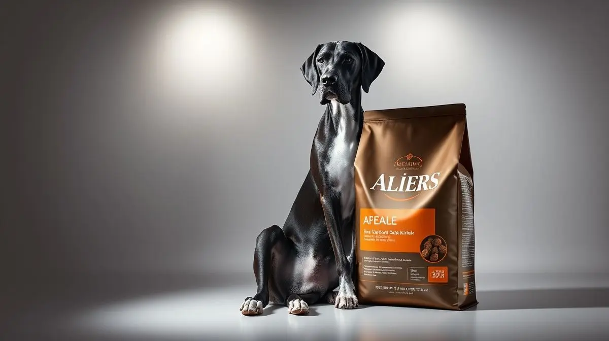 Um Dogue Alemão majestoso sentado ao lado de um grande saco de ração de alta qualidade, ilustrando a escolha da melhor ração para a raça.