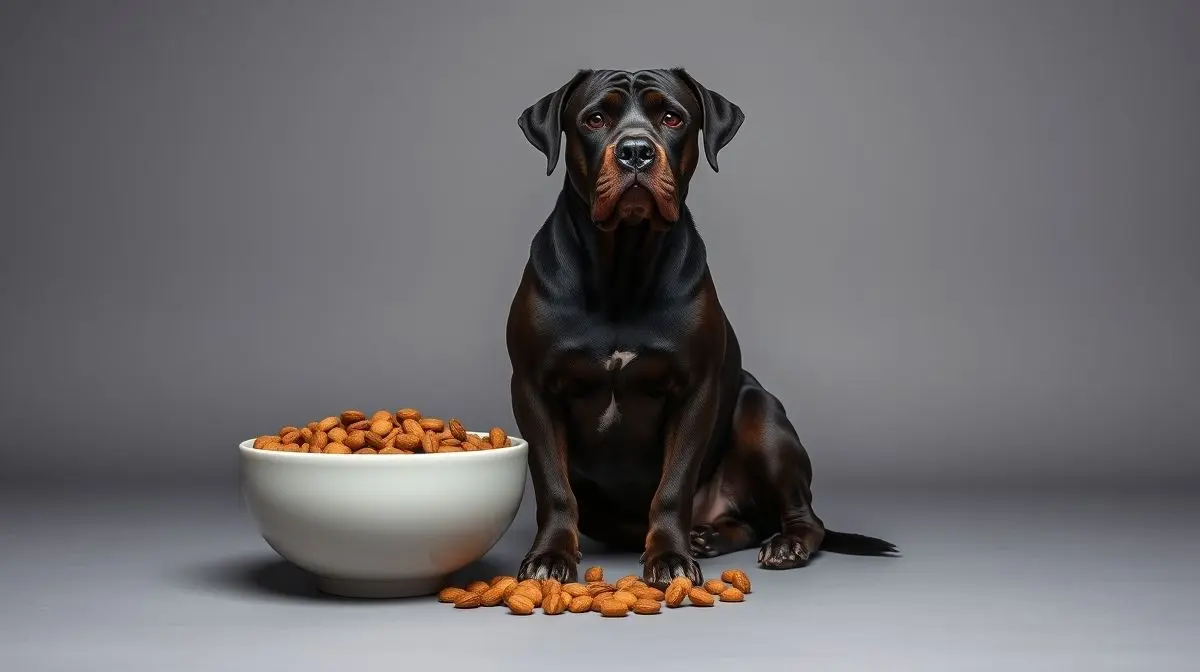 Um cão majestoso da raça Fila Brasileiro ao lado de uma tigela cheia de ração de alta qualidade, representando a melhor alimentação para a raça.