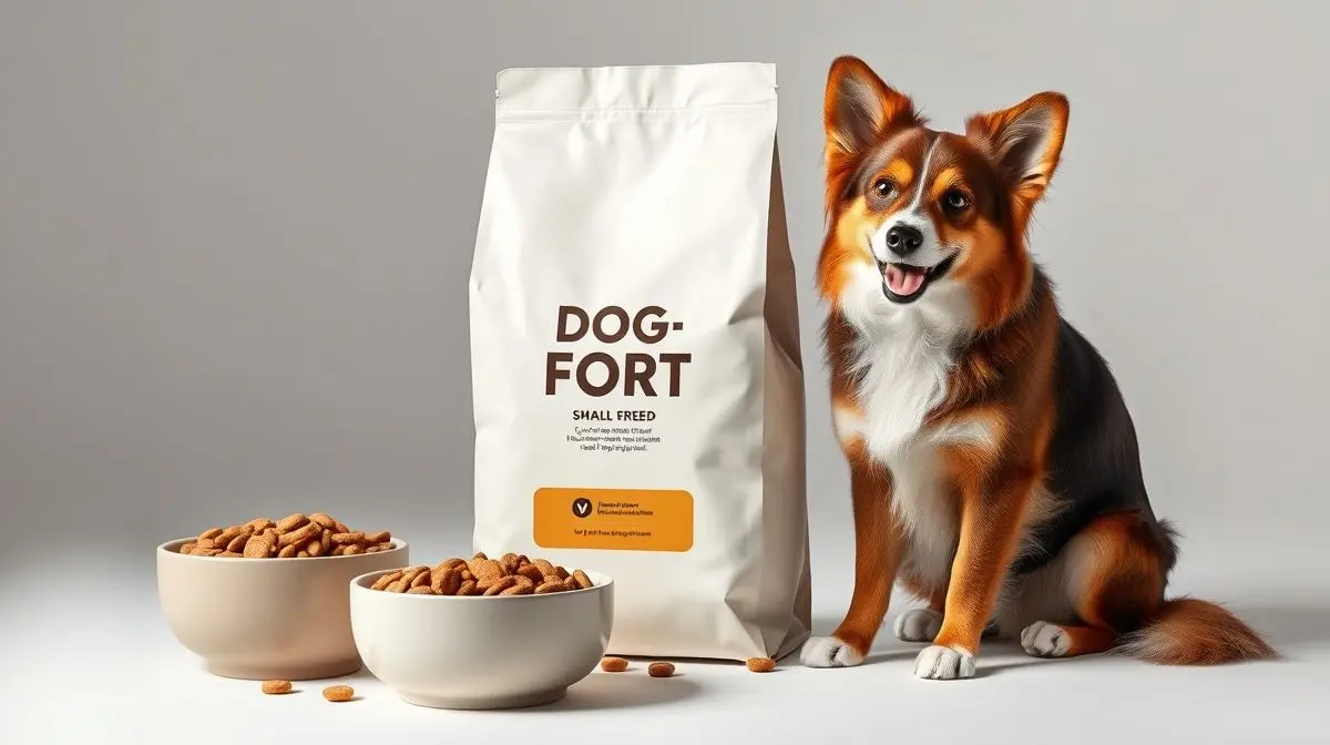 Melhor ração para Fox Paulistinha: um cão da raça ao lado de um saco de ração premium e um pote de comida em um fundo de estúdio profissional.