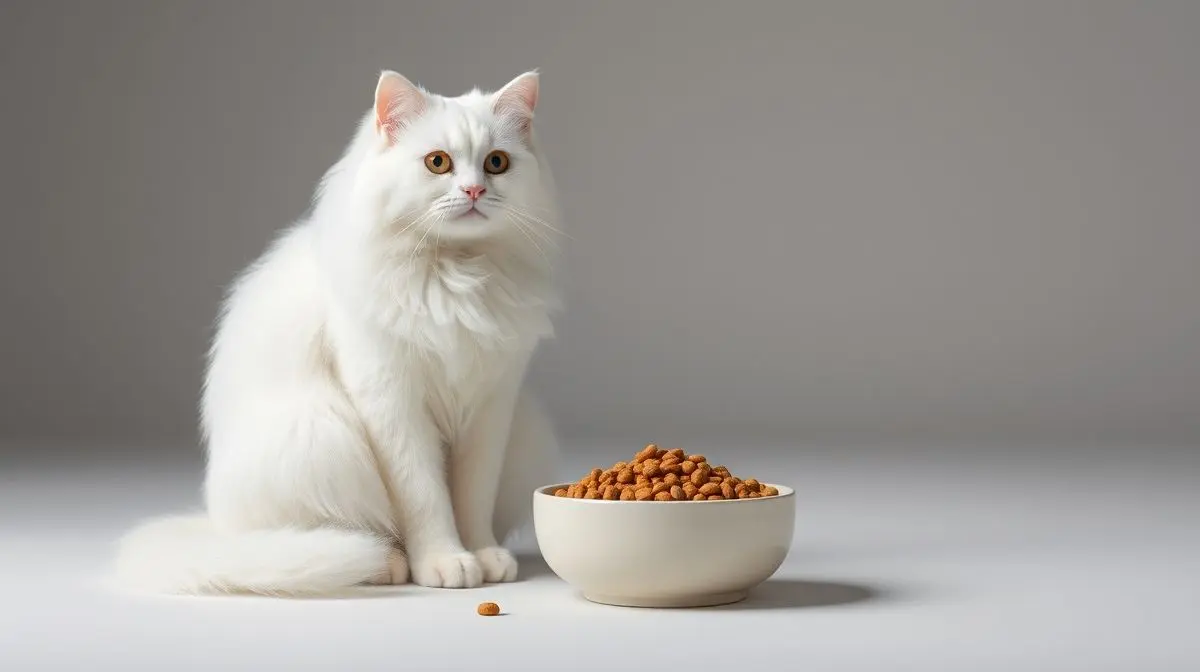 Um lindo gato Persa branco de pelos longos sentado ao lado de uma tigela com a melhor ração específica para a raça, em um fundo neutro de estúdio.