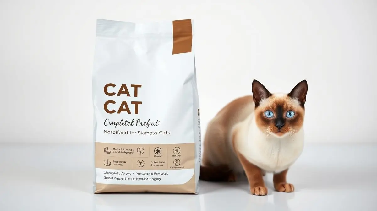 Um elegante gato Siamês ao lado de um saco de ração super premium, representando a melhor alimentação para a raça.