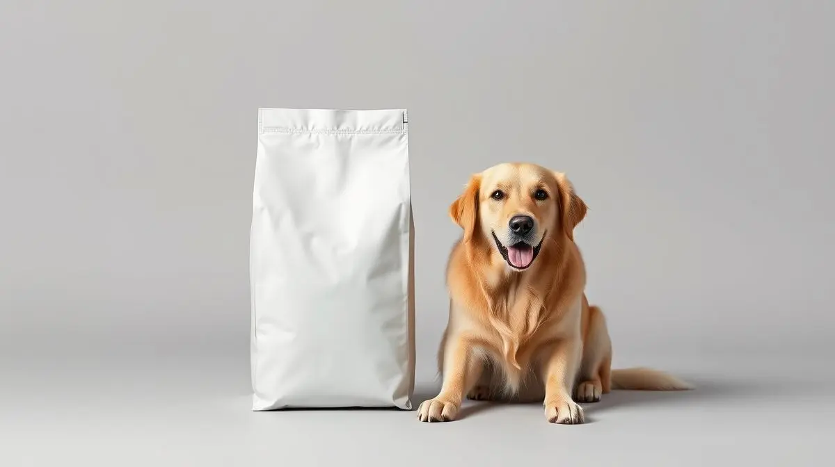 Um lindo Golden Retriever adulto sentado ao lado de um saco de ração de alta qualidade, representando as melhores rações para a raça em um fundo de estúdio.