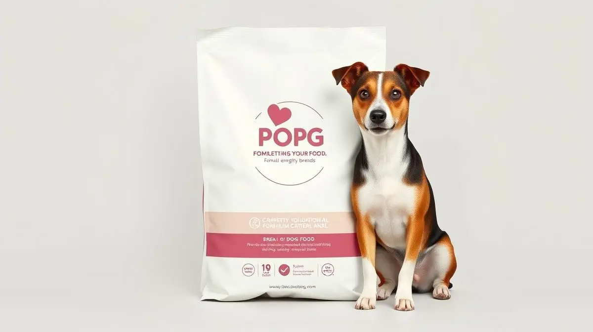 Um saco de ração para cães da raça Jack Russell, sem marca, ao lado de um cão da raça feliz e saudável em um fundo de estúdio limpo.