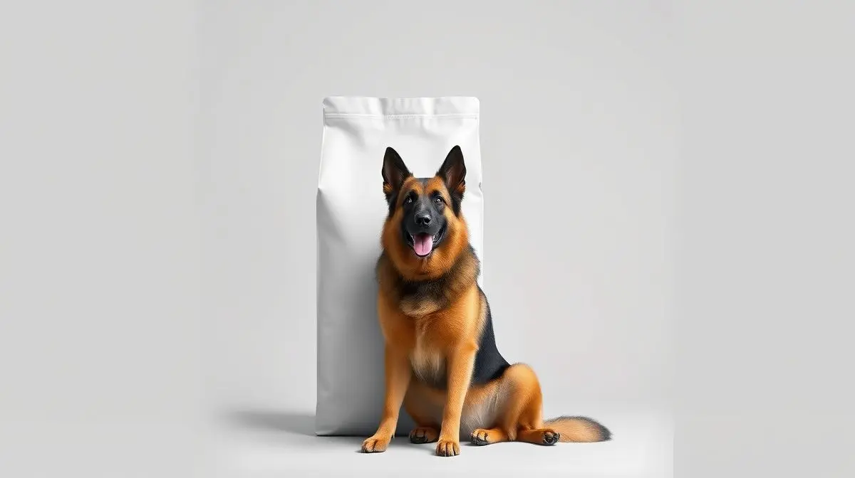 Um majestoso cão Pastor Alemão sentado ao lado de um saco de ração de alta qualidade, representando a melhor ração para Pastor Alemão em 2025.