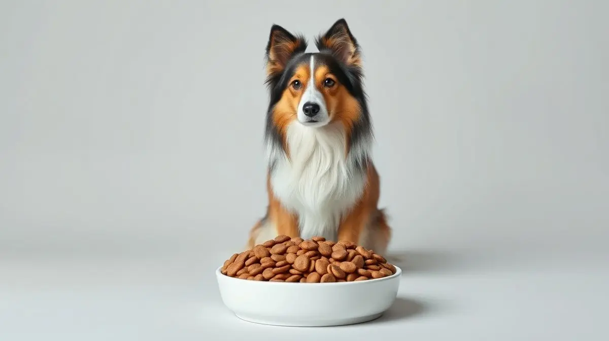 Um cão da raça Pastor de Shetland, de pelagem longa e bonita, olha para uma tigela com a melhor ração para sua dieta e saúde.