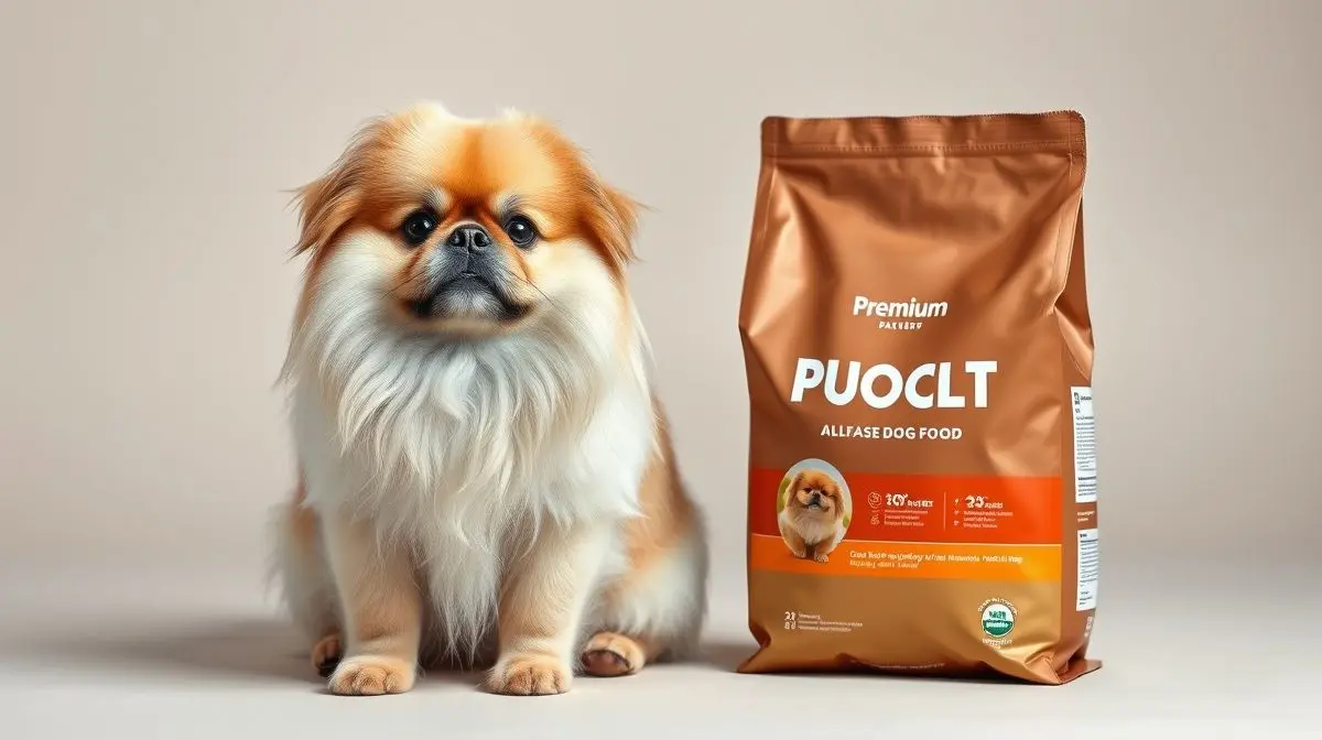 Um cão da raça Pequinês, muito peludo e saudável, sentado ao lado de um saco de ração premium, ilustrando o guia da melhor ração para Pequinês.