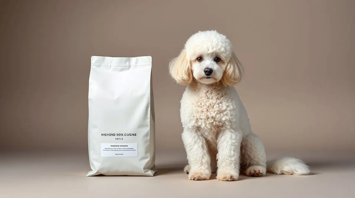 Um elegante Poodle branco ao lado de um saco de ração premium, representando a escolha da melhor ração para Poodle em 2025.