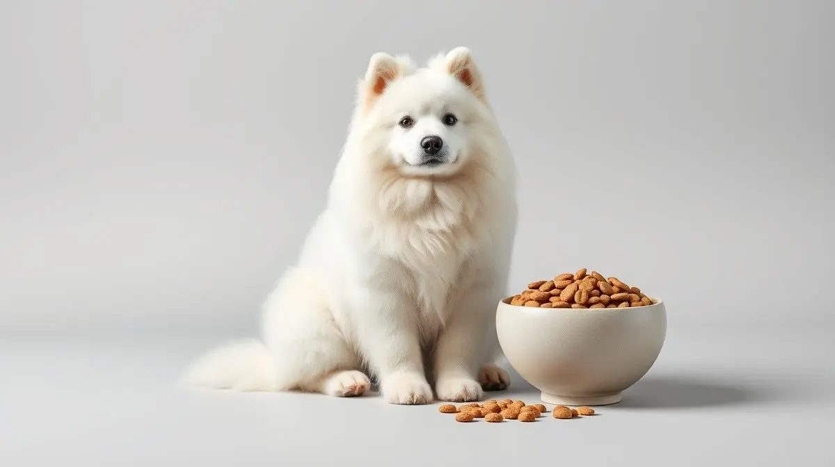 Um lindo cão Samoieda branco e sorridente ao lado de uma tigela com a melhor ração para sua dieta, em um fundo de estúdio claro para o guia de 2025.