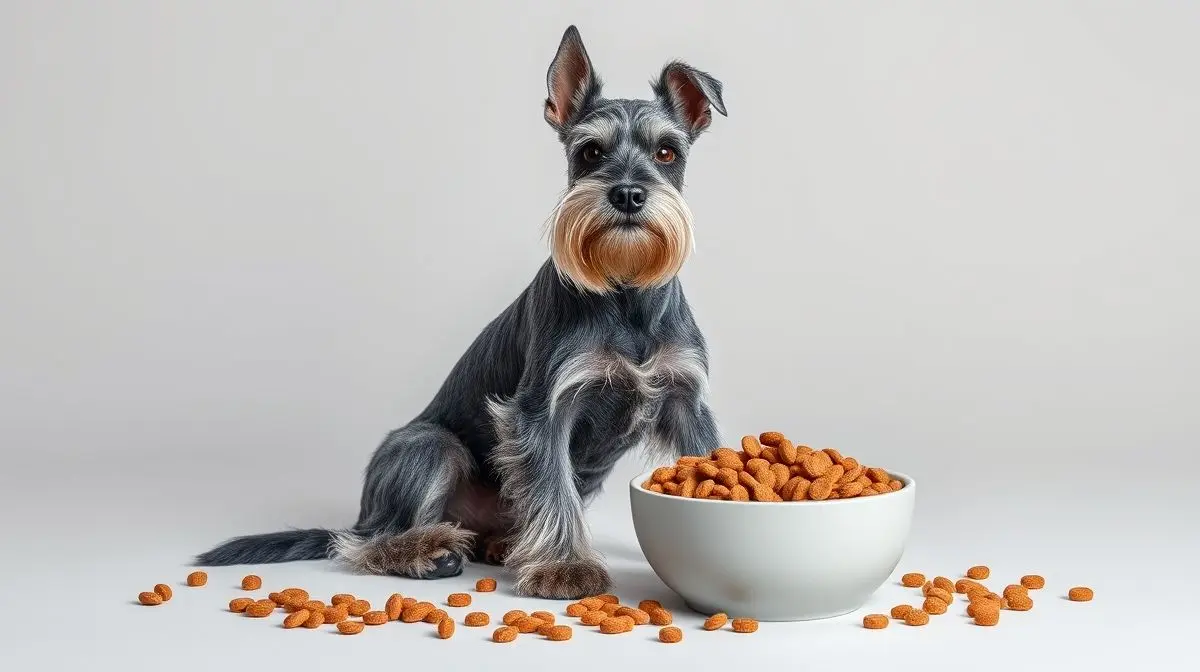 Um cão da raça Schnauzer, de pelo sal e pimenta, sentado ao lado de uma tigela com a melhor ração para sua alimentação e saúde em 2025.