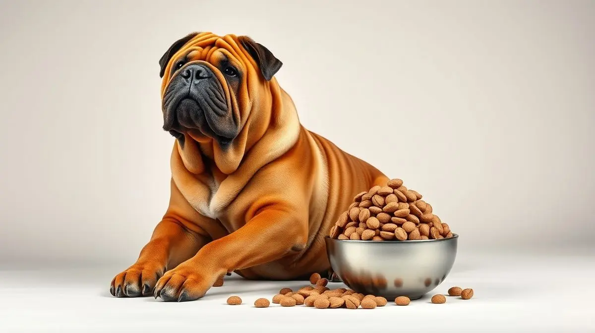 Um cão da raça Shar-pei saudável ao lado de uma tigela com a melhor ração, mostrando a importância da nutrição canina adequada para a raça.