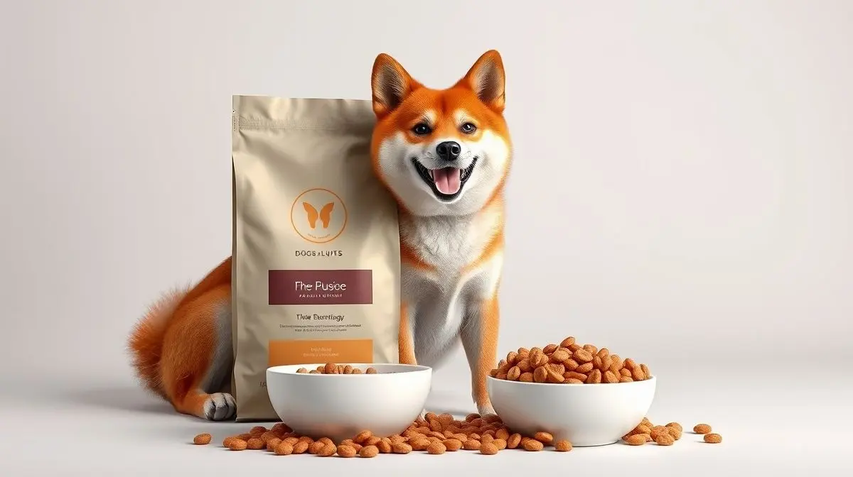Um cão da raça Shiba Inu, feliz e saudável, ao lado de um saco e uma tigela com a melhor ração para a sua nutrição e bem-estar.