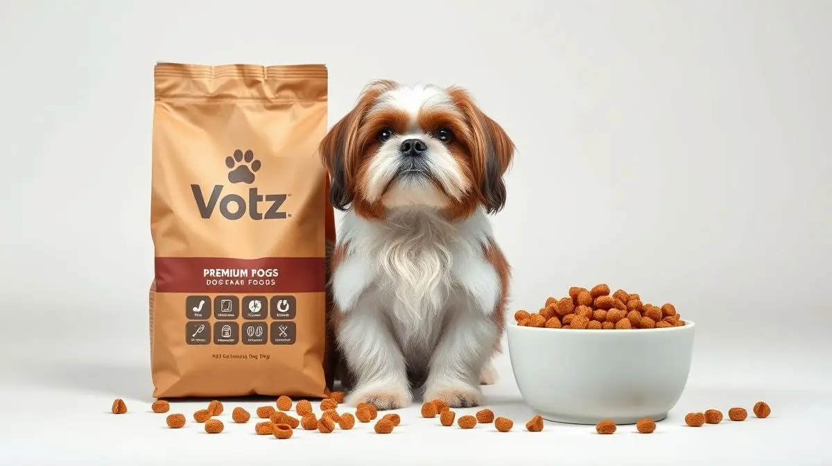 Um cão da raça Shih Tzu sentado ao lado de um saco de ração de alta qualidade, representando a melhor ração para Shih Tzu em um guia de compra completo.