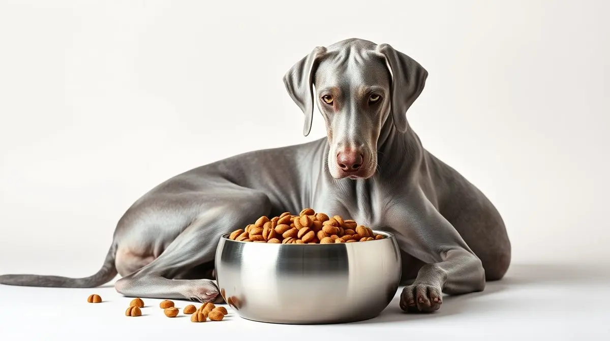 Um cão da raça Weimaraner cinza, majestoso, sentado ao lado de uma tigela de ração de alta qualidade, ilustrando a melhor alimentação para a raça.