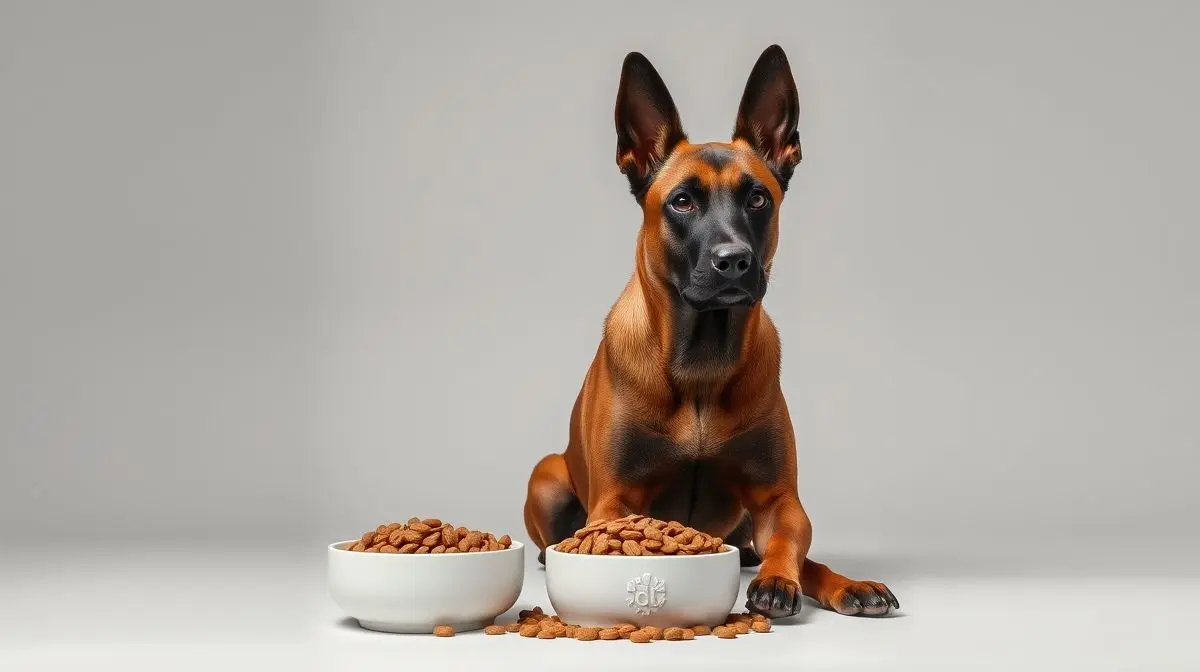 Um cão Pastor Belga Malinois saudável e imponente ao lado de uma tigela com a melhor ração, representando a nutrição ideal para a raça.
