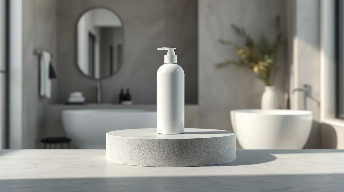 Frasco de design minimalista do melhor shampoo para cachorro, posicionado de forma centralizada em um pedestal de pedra, simbolizando qualidade e cuidado.