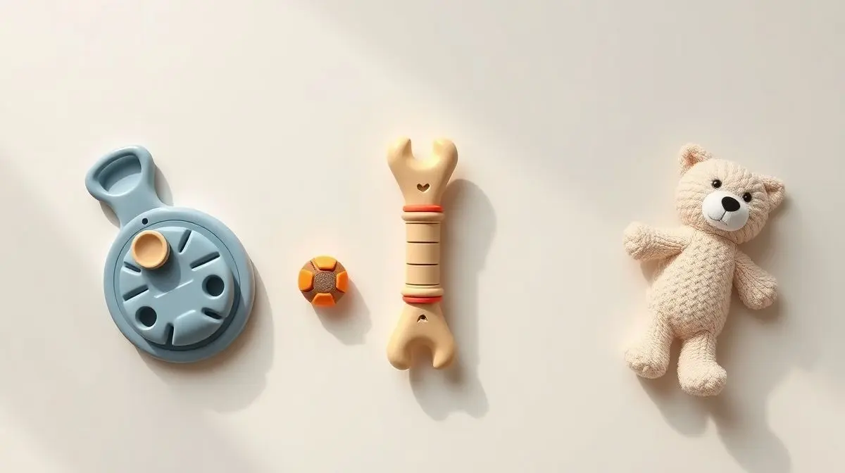 Seleção com os melhores brinquedos para cachorros que ficam sozinhos, incluindo um brinquedo interativo, um mordedor e uma pelúcia.
