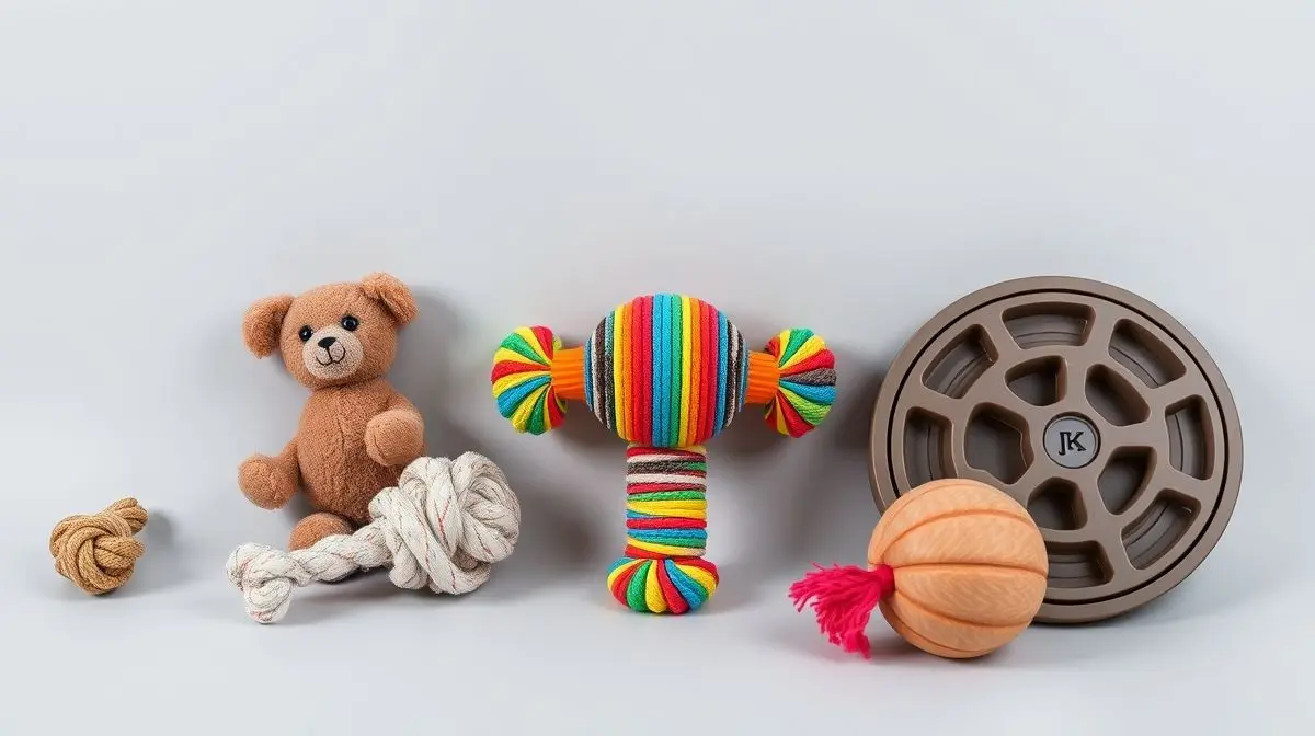 Seleção variada dos melhores brinquedos para filhotes, incluindo mordedores de borracha, pelúcia e corda, organizados em um fundo neutro para review.