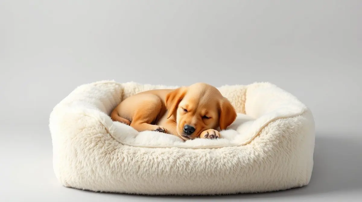 Um filhote de golden retriever dormindo confortavelmente em uma caminha de cachorro luxuosa e macia, representando o guia das melhores caminhas de 2025.