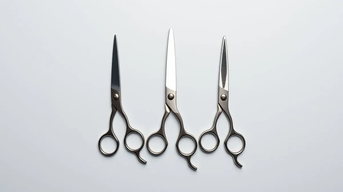 Kit de tesouras de tosa profissionais, incluindo reta, curva e semi-dentada, organizadas sobre um fundo neutro, representando as melhores para comprar.
