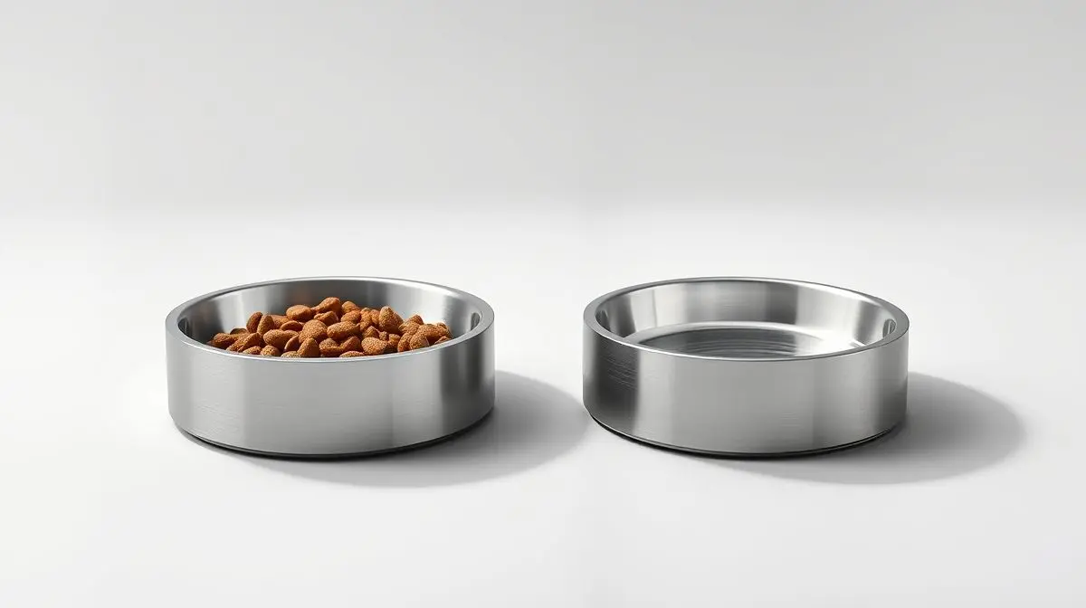 Um conjunto de comedouros modernos de inox para gato, um com ração e outro com água, em fundo neutro, representando os melhores tipos de potes de comida.