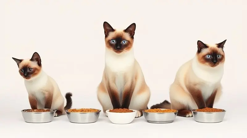 Três gatos Siameses representando as fases da vida: filhote, adulto e sênior, cada um com sua porção de alimento.