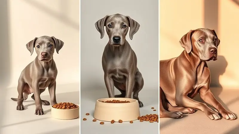 Comparativo visual das fases da vida de um Weimaraner: filhote, adulto e sênior, destacando suas diferentes necessidades nutricionais.