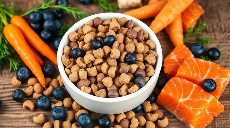 Tigela de ração cercada por ingredientes frescos como salmão e cenoura, simbolizando os nutrientes essenciais para a saúde do Boston Terrier.
