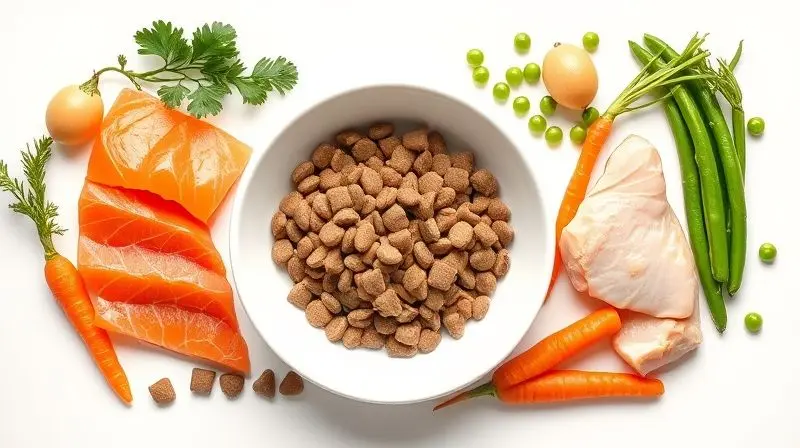 Ingredientes e nutrientes essenciais para a ração de um Bull Terrier, mostrando salmão, frango e vegetais ao lado de um pote de ração.