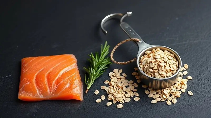 Ingredientes de alta qualidade para ração de gato Persa, como salmão, aveia e ervas, simbolizando os principais nutrientes: proteínas, fibras e gorduras.