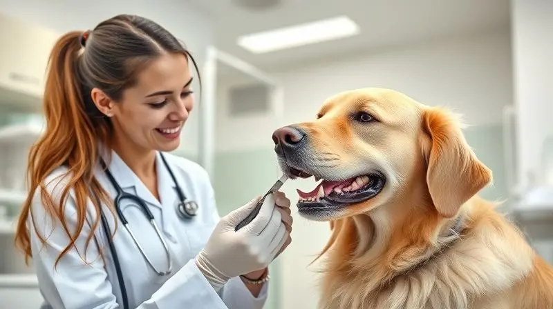 Opinião de um especialista sobre a ração Magnus, com uma veterinária sorridente examinando um cão saudável e feliz em uma clínica moderna.